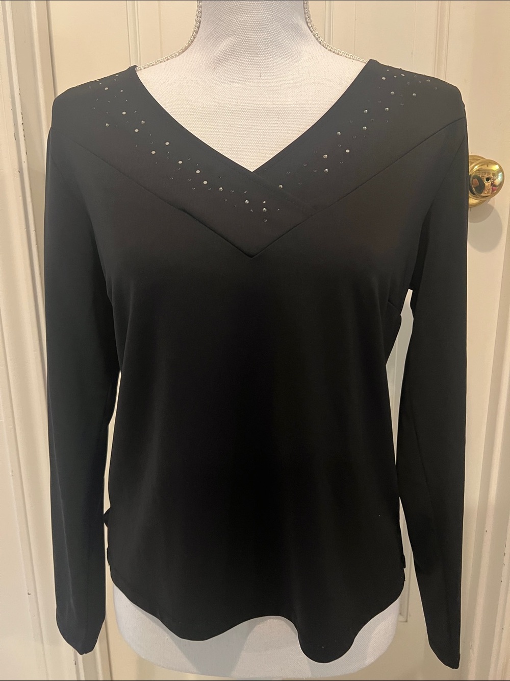 Talbots Black Long-Sleeve V-Neck Top with Subtle Rhinestones